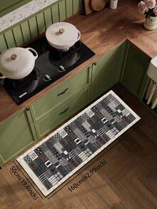 1 Stück Vintage amerikanischer Stil geometrisches Patchwork Muster Silikon Badezimmermatte, bestehend aus Stoffoberfläche, Schaumstoffmittellage und Gummiboden, geeignet für Küche, 3,5 mm dick, Retro Patchwork Design in Grau, Braun und Weiß Tönen