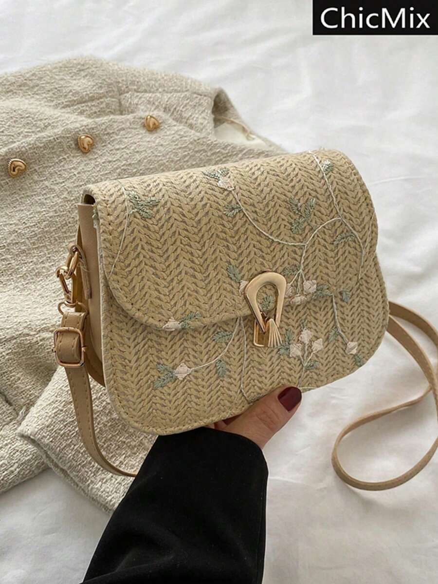 Mini Straw Bag Floral Embroidered Flap Vacation Valentines, Perfectly Matching With Vacation Outfits Women - Khaki - View 1