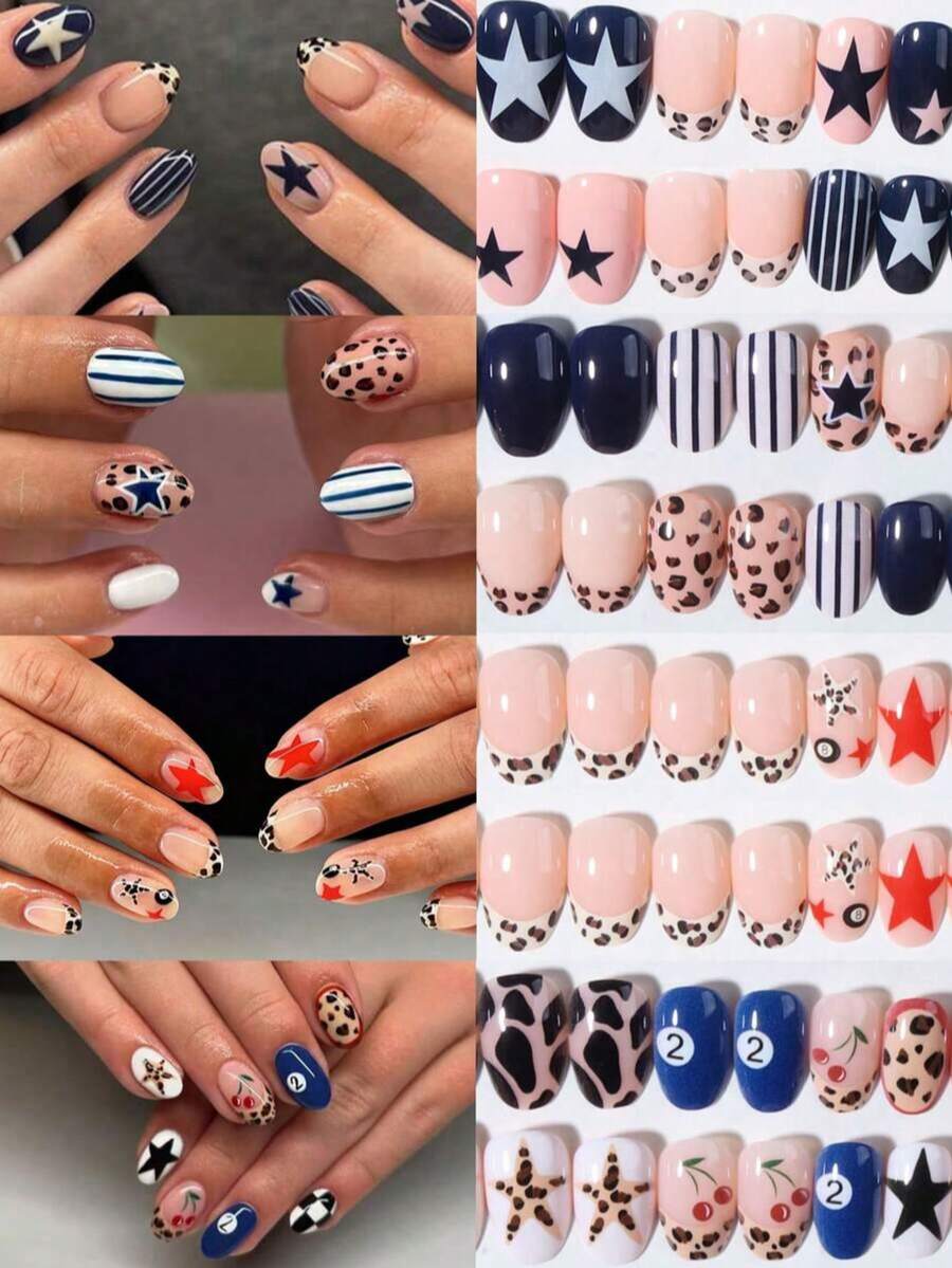 96pcs(4mixed) Eightball Nails Short Oval Leopard Print Nails ,Striped, Cherry Nails And Star Nails Design French Acrylic Press On Nails Short Perfect Fit False Nail Set, Include: 1pc Jelly Glue And 1pc Nail File, Star Nails And Eightball Short Nails Make Your Fingertips Shine And Beautiful,Very Suitable For Parties, Dancing And Daily Use - Multicolor - View 1