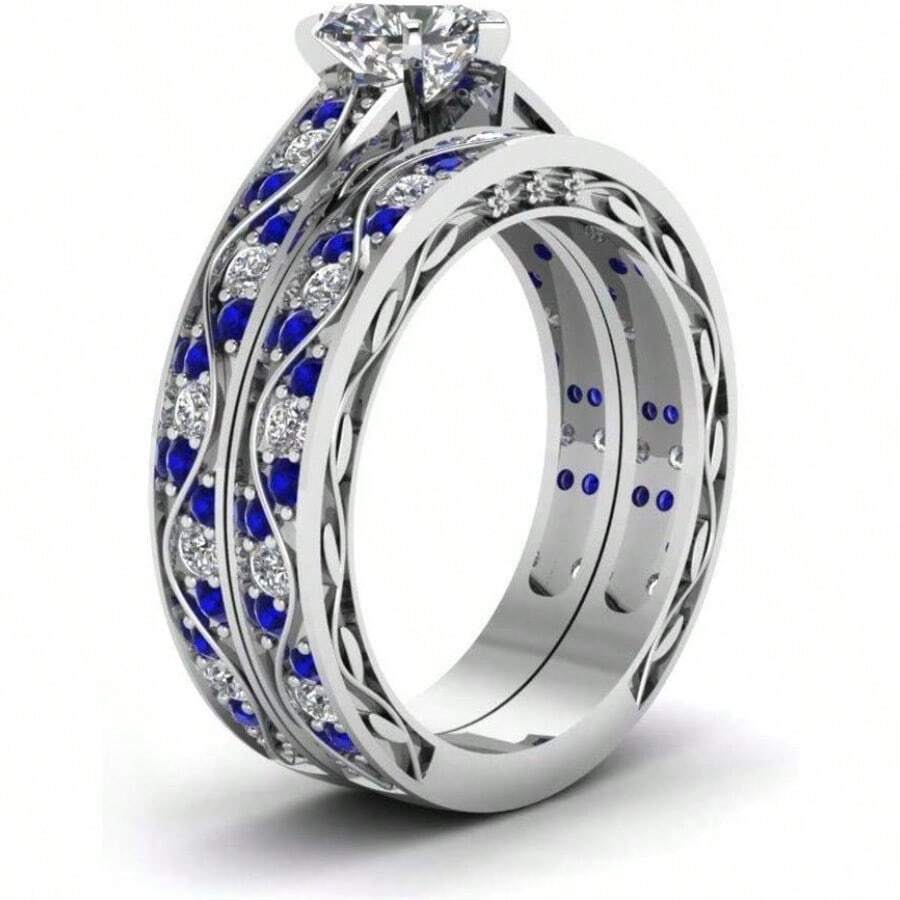 His Hers Wedding Ring Sets Couples Matching Rings Women's 10k White Gold Filled Heart CZ Wedding Engagement Ring Bridal Sets and Men's Tungsten Carbide Wedding Band - Blanco - Ver 1