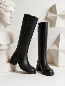 Reitoye 2025 New Fall Fashion Knee High Black Boots For Women Thick Heel Solid Color Side Zipper Round Toe Comfortable Classic Wide Calf Boots Winter Party Motorcycle Nightclub Shoes Versatile Style - 黑色 - 查看 2