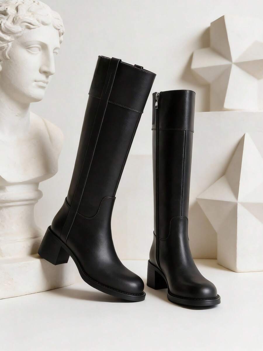 Reitoye 2025 New Fall Fashion Knee High Black Boots For Women Thick Heel Solid Color Side Zipper Round Toe Comfortable Classic Wide Calf Boots Winter Party Motorcycle Nightclub Shoes Versatile Style - màu đen - Xem 1