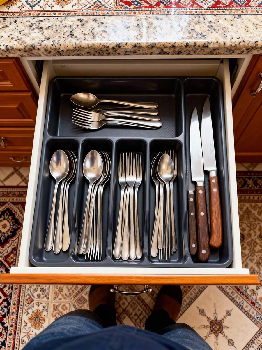 1pc Kitchen Spoon Holder, Utensil And Cutlery Rack, Flat Drawer Organizer Box For Knives Forks Chopsticks, In-Cabinet Cutlery Tray, Flat Utensil Organizer Tray, Drawer Knife Fork Spoon Separator, Cutlery Tray - Nhiều màu - Xem 1