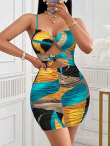 AIJ Women's Sexy Tie-Dye Print Twist Front Slit Ruched Bodycon Dress (Random Print) - Light Yellow - View 4