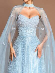 Women's Elegant Beaded & Backless Design Strapless Ballgown, Pearl Embellished Mesh Shawl Halter Maxi Evening Dress - Blue - View 4
