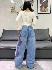 1件装女士宽松刺绣阔腿牛仔裤，舒适休闲高街时尚裤装（不含腰带/配饰）度假春季 - 藍色 - 查看 3