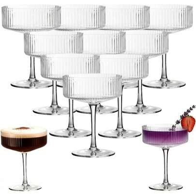 12/6/3/1 Set Acrylic Martini Glasses, 10oz Unbreakable Plastic Champagne Flutes, Sturdy Ribbed Double Wall Coupe Glasses, Cocktail Glasses, Manhattan Stemware, Suitable For Wedding, Birthday Party, Bar