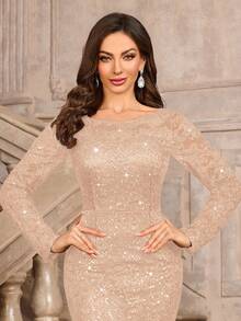 MIUSOL 优雅亮片花卉蕾丝长袖撞色网纱鱼尾正式派对长裙，适合正式晚宴、盛大庆典、婚礼宾客、毕业典礼及其他春季正式场合。 - 香檳色 - 查看 10