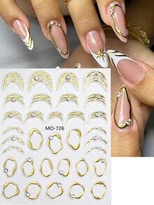 Stickers pour ongles avec design asymétrique de ligne en or, argent et strass. Décalcomanies coulissantes pour la décoration de mariage, accessoires élégants de manucure DIY. Fournitures pour ongles - Multicolore - Voir 2