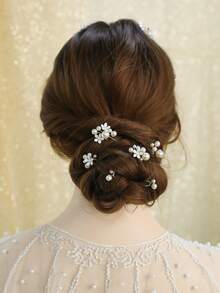 6件手工软陶花朵及金叶仿珍珠装饰发夹，百搭休闲时尚新娘头饰情人节配饰 - 金色 - 查看 4