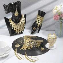 8件套肚皮舞首饰套装，女士肚皮舞金色亮片头链、硬币项链、耳环、手链、波西米亚流苏脚链、手镯、脚链、硬币面纱项链、头饰、配饰 - 金色 - 查看 5