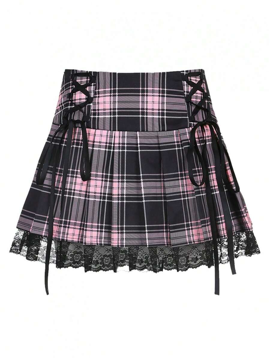Women Gothic Lace Trim Pleated Mini Skirt Punk High Waist A Line Retro Skirt For Casual Party Cosplay - 彩色 - 查看 1