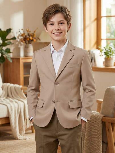 青少年男童香槟色纽扣西装外套，正式西装领，尺码 10-16 岁