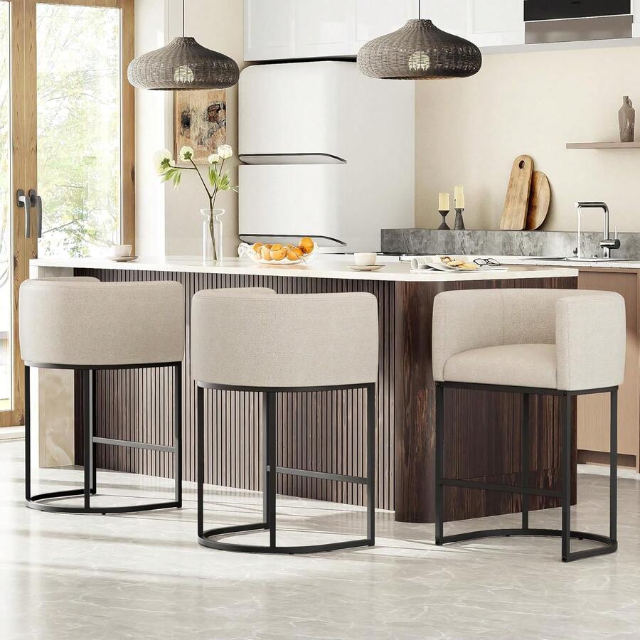 26" H Counter Height Bar Stools Set Of 3, Modern Barrel Counter Stools With Backrest And Arms, Linen Fabric Upholstered Accent Barstools For Kitchen Island,Support 450 LBS (Beige) - Walnut - 查看 1