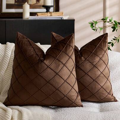 1pc Velvet Pintuck Cushion Cover, Square Soft Pillowcase For Sofa, Coffee Shop, Outdoor Garden, 18 X 18 Inches, 45 X 45 Cm, Dark Brown