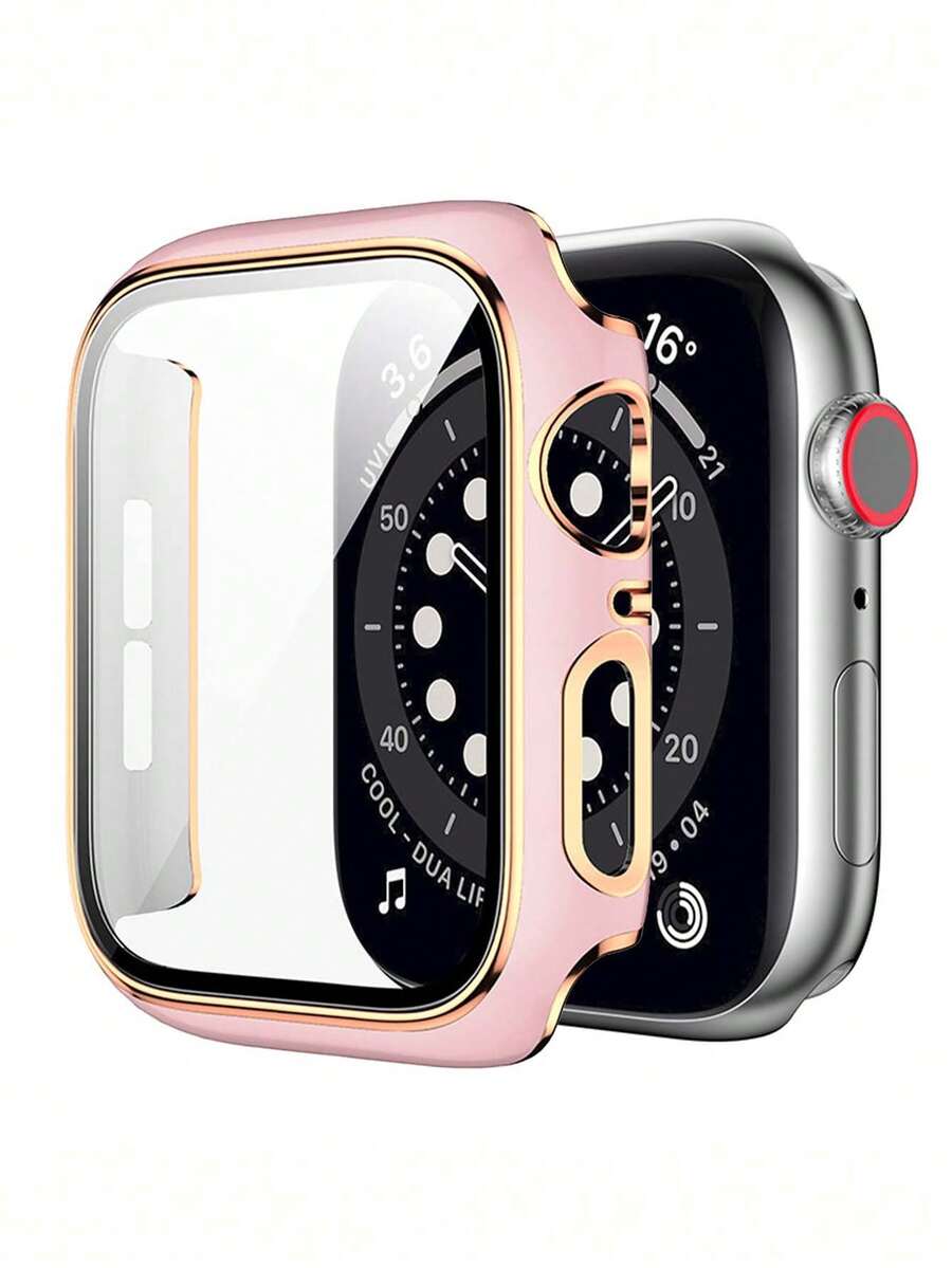 1pc Rose Gold Colored Frame Fashion 2-In-1 Protective Case With Ultra-Thin Tempered Glass Screen Protector, Shock-Proof Protective Cover, Compatible With Apple Watch Series Ultra/SE/7/6/5/4/3/2/1, 38/40/41/42/44/45/46/49mm, Suitable For Apple Watch Screen Protector
