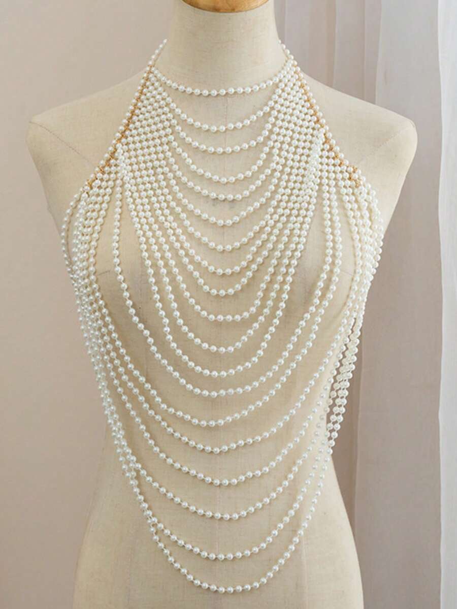 1pc Women's White Faux Pearl Body Chain, Fashion Accessory For Wedding, Party, Runway - White - View 1