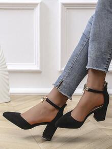 女士新款尖头镂空珍珠高跟鞋，性感粗跟时尚凉鞋 - 黑色 - 查看 11