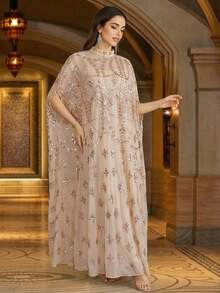 Women's Heavily Beaded & Sequined Embroidered Elegant Stand Collar 2 Pieces Arabic Style Dress, Suitable For Formal Occasions Such As Parties Spring - Apricot - View 3