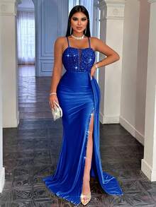CHOSMO Plus Size Women's Shiny Elegant Party Mature Family Holiday Date Formal Evening Cocktail Gift Slip Dress - Blue - View 3