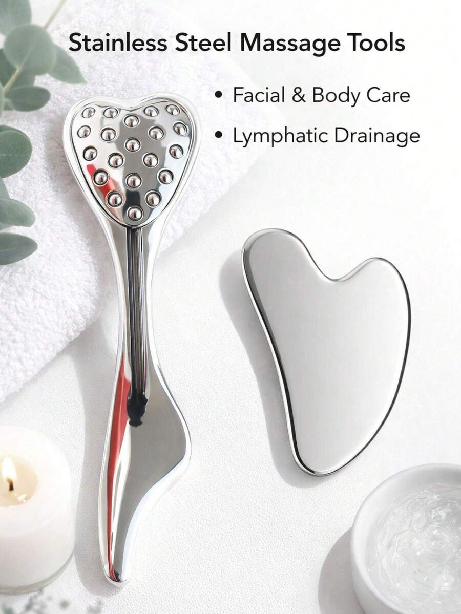 2件套心形滚轮按摩棒+刮痧板，不锈钢材质，护肤/精油涂抹器，面部按摩，眼部舒缓，面部护理，肌肉放松，手动面部按摩器，身体按摩，疏通 - 彩色 - 查看 1