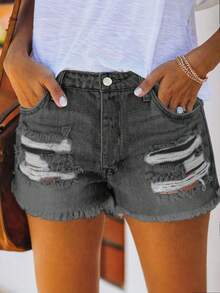 European And American Spring/Summer New Design Personalized Street Ripped Straight Washed Frayed Hem Women Denim Shorts - Dark Grey - View 4