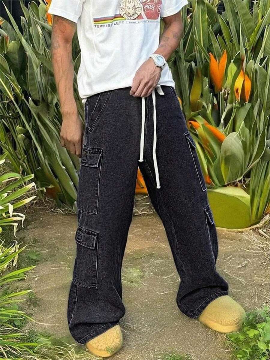 Quần denim cargo màu xám đậm phong cách Grunge Goth Y2K dành cho nam, thường ngày, rộng rãi, cá tính, thể thao, sinh viên, đường phố, đa năng - màu đen - Xem 1