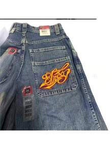 Jeans For Men,Men's Wide-Leg Jeans, Street Style, Hip-Hop, Harajuku Style, Straight Leg Casual Pants - N15藍色 - 查看 4