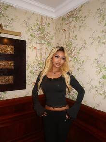 Bluzka z dzianiny w jednolitym kolorze z koronką i patchworkiem, odpowiednia na co dzień, do biura, na randkę, do uprawiania sportu i fitnessu, na jesień