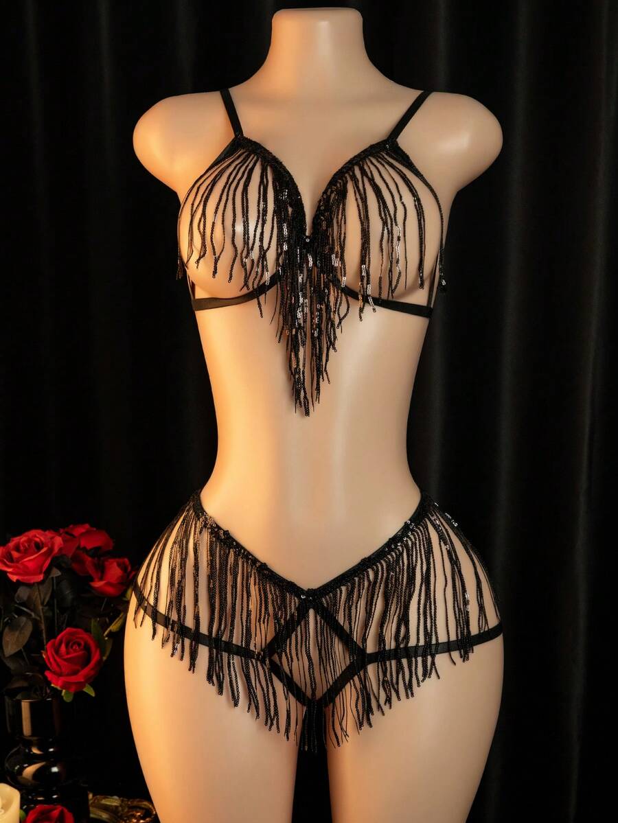 2pcs Sexy Lingerie Set: Camisole Nightgown + Panty - Black - View 1