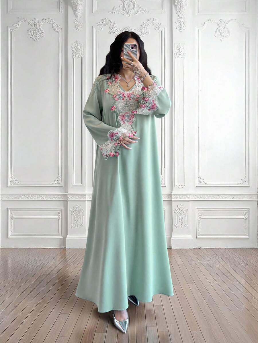 女士长袍，奢华刺绣饰边长袍 – 优雅女士派对礼服