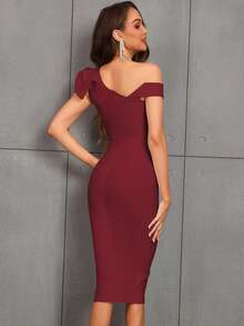 One-Shoulder Ruffle Slit Tight Bandage Bodycon Dress, Suitable For Cocktail Party Wedding Spring - Burgundy - View 3