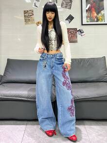 1件装女士宽松刺绣阔腿牛仔裤，舒适休闲高街时尚裤装（不含腰带/配饰）度假春季 - 藍色 - 查看 9