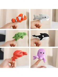 趣味海洋系列动物手指玩偶毛绒玩具，迷你鲨鱼、虎鲸、海龟、螃蟹、章鱼、小丑鱼手指玩偶，亲子互动玩具，儿童生日礼物，送给动物爱好者的圣诞节、感恩节、情人节礼物 - 彩色 - 查看 1