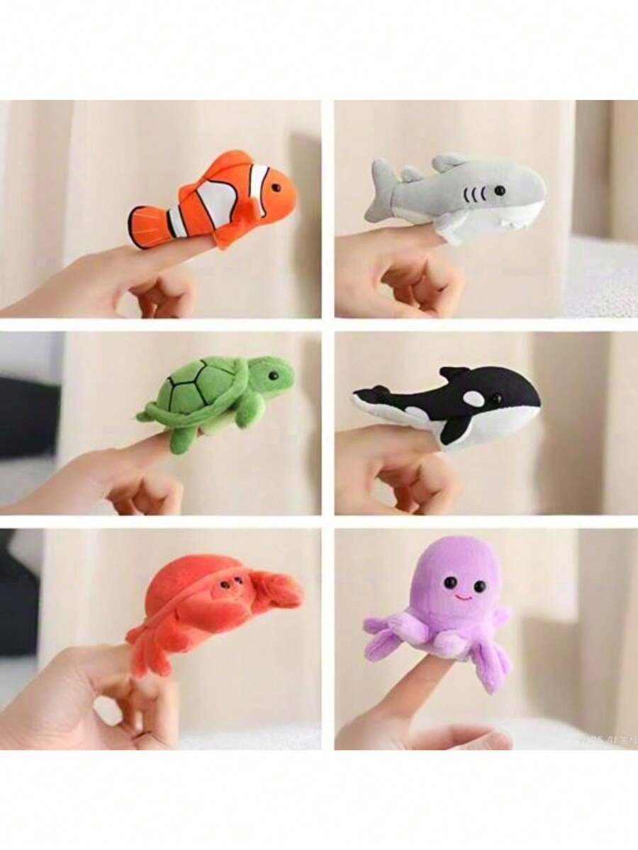 趣味海洋系列动物手指玩偶毛绒玩具，迷你鲨鱼、虎鲸、海龟、螃蟹、章鱼、小丑鱼手指玩偶，亲子互动玩具，儿童生日礼物，送给动物爱好者的圣诞节、感恩节、情人节礼物 - 彩色 - 查看 1