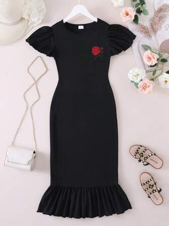 9Y-13Y Girls Casual Solid Color Dress With Rose Floral Embroidery Design And Ruffle Hem, Suitable For Older Tween Girl Everyday Wear