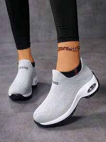 Women Comfortable Knit Walking Shoes Air Cushion Slip On Sneakers - Grey - View 11
