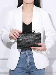 1件装时尚女士草编链条手提包 - 大容量，草编包 - 拉链封口托特包，编织手机零钱包，拉链封口，带编织手柄，涤纶衬里，可收纳手机、钥匙、零钱 - 休闲沙滩包，日常购物包，天然编织设计，彩色绳带，旅行配件，波西米亚风格 - 彩色 - 查看 12