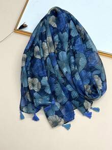 新款波西米亚印花围巾，轻盈透气流苏披肩，优雅女士防晒沙滩旅行围巾 - 藍色 - 查看 3