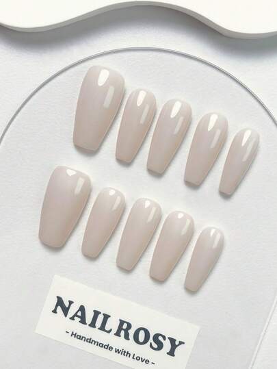 10Pcs Handmade Press On Nails Kit Long Coffin Beige And White Elegant Minimalist Old Money Japanese Style Modern Korea Style Fresh Design Chic French Style Neutral Classical Creative Glossy Finish Shimmery 1 Account Manicure Set Includes Adhesive Tabs 1 Mini File Full Cover Fake Nails Design