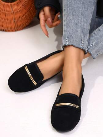 Damloafers med metallremdekor, preppy skolstil och fyrkantig tå, slip-on, vardags- och bekväma skor