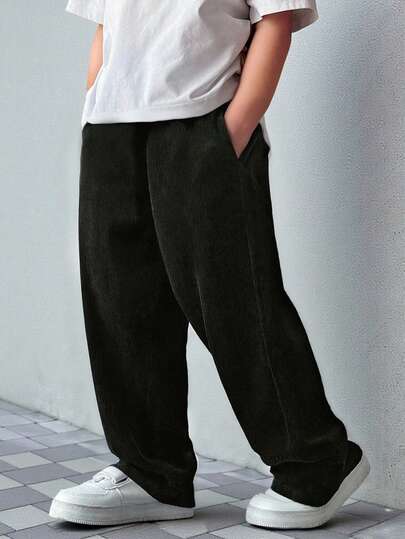 1pc Young BoyCasual Corduroy Elastic Waist Straight Leg Solid Color Pants