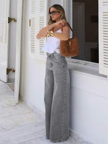 Women's Loose Casual Straight Leg Jeans With Pockets, Simple Washed Denim Pants, Suitable For Summer Wear And Also A Must-Have Item For Halloween Spring - Light Grey - View 3