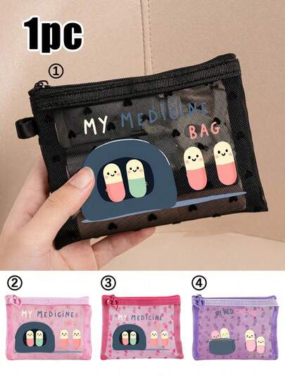 1个迷你便携网状药袋，印有卡通药丸图案，急救包收纳袋，户外家用药品药丸收纳袋，急救包收纳袋，旅行应急药袋 | 可爱化妆包，化妆包，洗漱包，旅行收纳袋，化妆包，化妆品包，度假收纳袋，阿联酋国庆日礼物，送给闺蜜的生日礼物，派对小礼物，交换小礼物