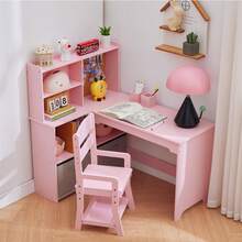 Techigher Kids Study Desk With Chair, Kids Desk And Chair Sets With Open Shelves And Cloth Drawers, L Shape Wooden Children Study Table, Student Writing Table - Pink - View 1