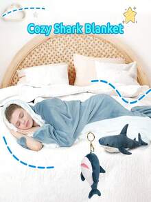 1pc Shark Pattern Hooded Blanket, Soft Flannel Shark Design Wearable Blanket, Available In Multiple Sizes Suitable For Different Heights - Multicolor - View 2
