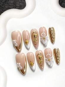 10pcs Elegant & Delicate Gold Nail Stickers, Handmade Nail Art Set, White Translucent Flower Nail Decals, 5-Petal Flower, Star, Rose Nail Accessories, Gold & White Gel Nail Decorations, 3 Sizes: Almond, Duck Mouth, Coffin Shape, Includes Tool Kit, Suitable For Women & Girls, For Party, Event, Daily Nail Care Nails Nail Supplies Handmade Press On Nails - 彩色 - 查看 10