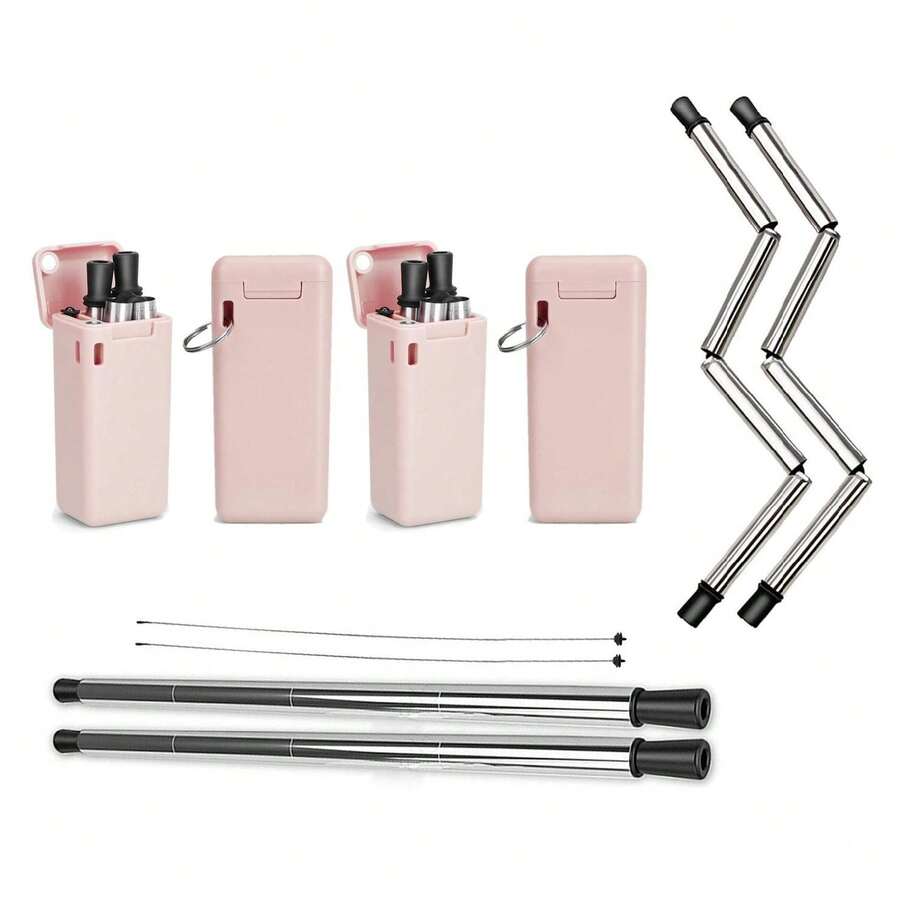 Collapsible, Portable, And Reusable Stainless Steel Drinking Straw With Case (2-Pack) - Hồng - Xem 1