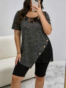Plus Size Elegant Lace Accent T-Shirt With Asymmetric And Button Details - Grey - View 1