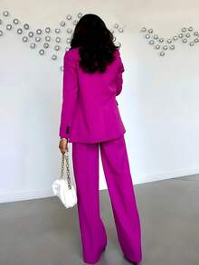 女士时尚商务缺口领双排扣西装外套和裤子套装 - 紫色 - 查看 2